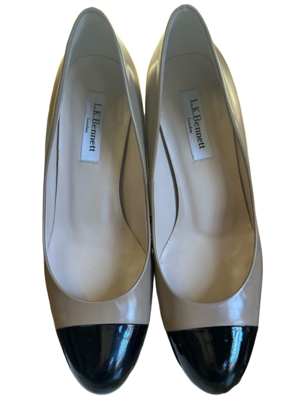 LK Bennett Black Cream Cap Toe Block Heel Pumps Court Shoes NWT Luxury